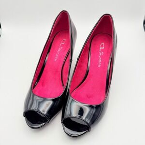 CL Laundry Peep Toe Wedge Pumps Patent Black Womens 7.5 Black